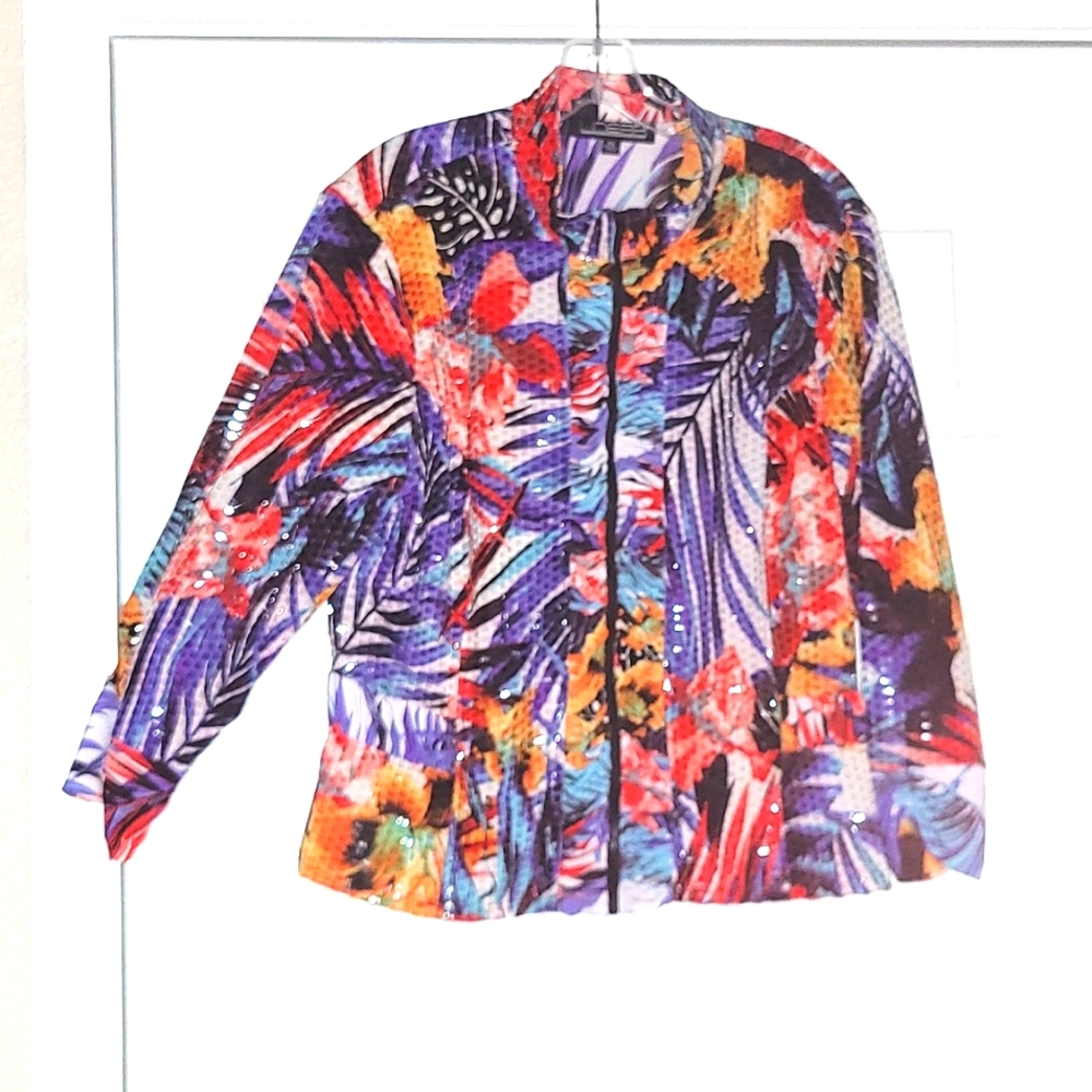 LINEER Jacket XL Multi Color Tropical Print with Shine Rouching Detail